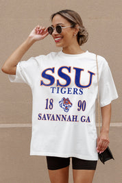 Ivory Savannah State Tigers Oversized Tee - Front Graphic Close-Up On Model | Gameday Couture - SOHO
