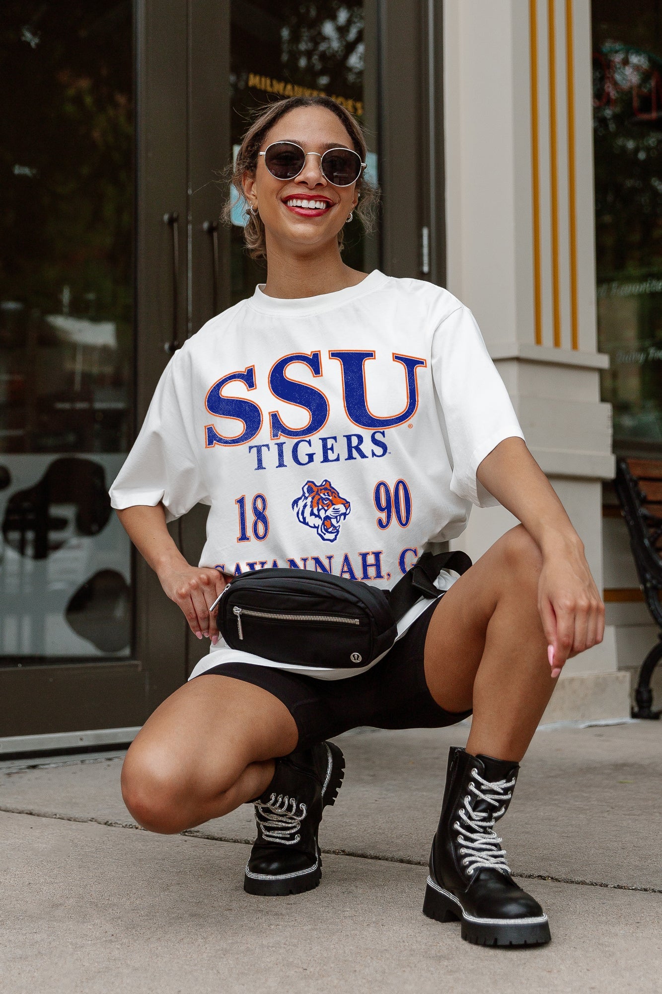 Ivory Savannah State Tigers Oversized Tee - Styled Crouch Pose with Belt Bag Gameday Look | Gameday Couture - SOHO