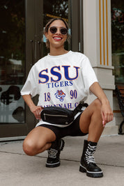 Ivory Savannah State Tigers Oversized Tee - Styled Crouch Pose with Belt Bag Gameday Look | Gameday Couture - SOHO