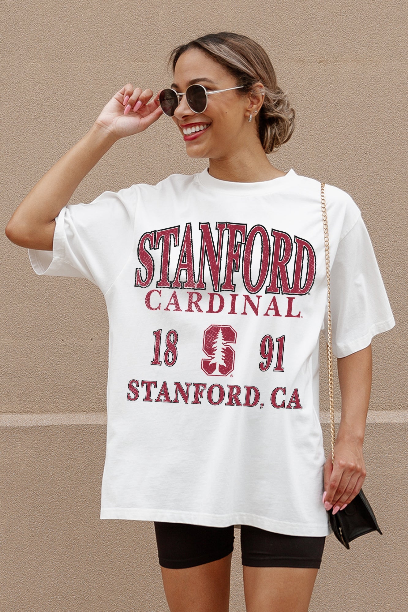 White Stanford Cardinal Unity Oversized Tee - Three Quarter View | Gameday Couture - SOHO