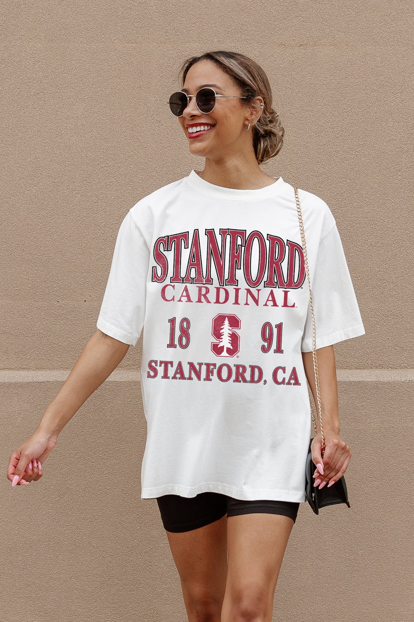 White Stanford Cardinal Unity Oversized Tee - Side Profile Pose | Gameday Couture - SOHO
