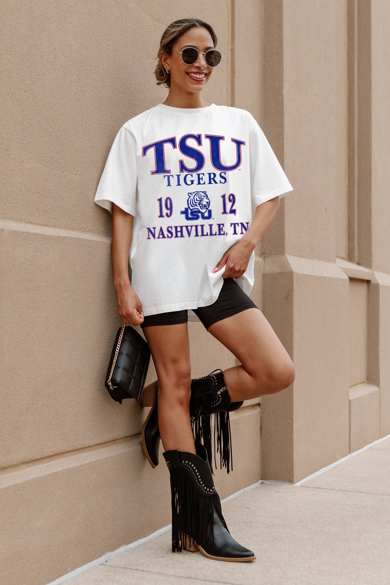 Ivory TSU Tigers Unity Oversized Tee - On Model Front View, Styled with Biker Shorts | Gameday Couture - SOHO