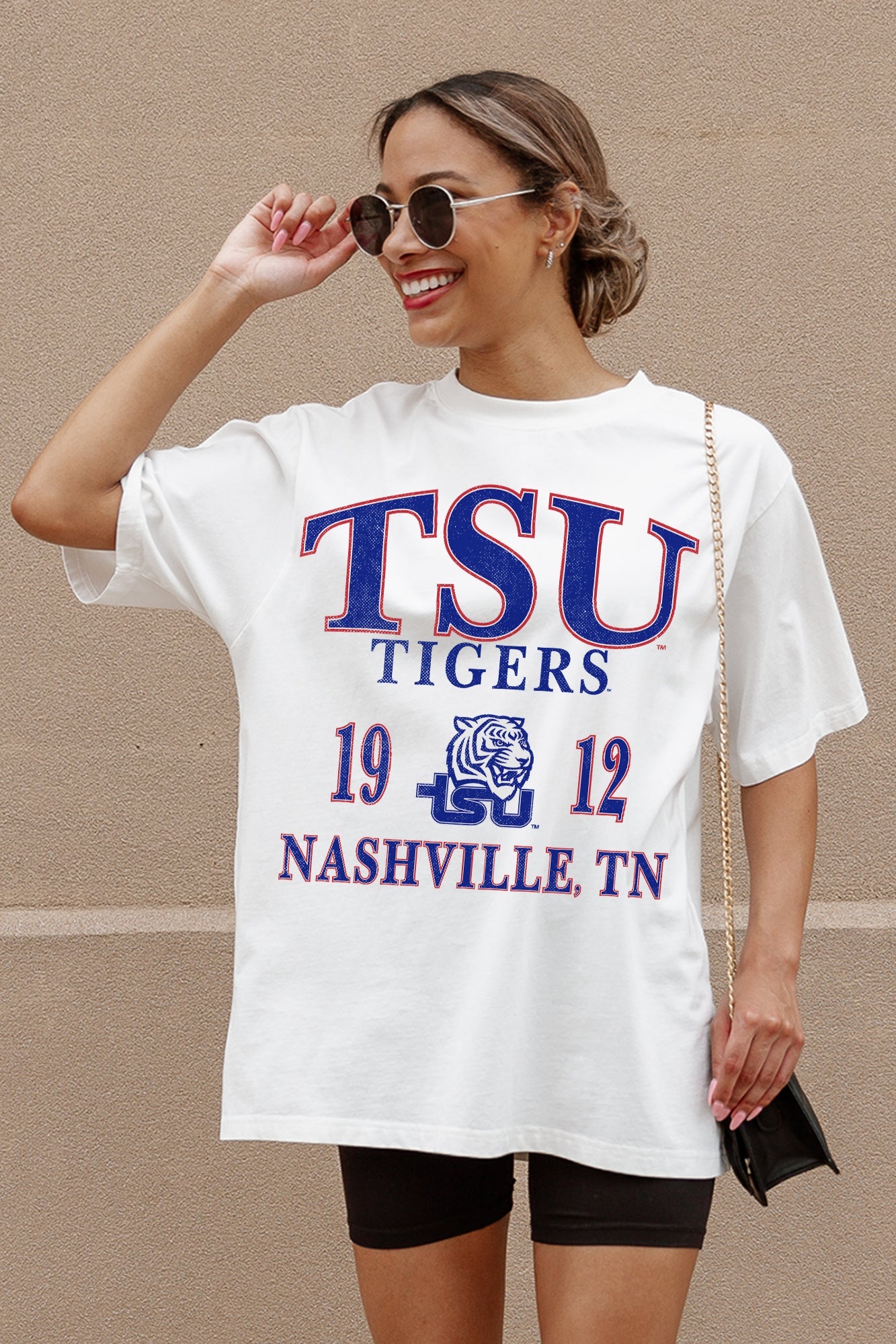 Ivory Tennessee State Tigers Unity Oversized Tee - Graphic Detail Close-Up, Nashville TN | Gameday Couture - SOHO