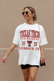 Ivory Texas Tech Red Raiders Unity Oversized Tee - Walking Lifestyle Shot, Campus Gameday Outfit | Gameday Couture - SOHO