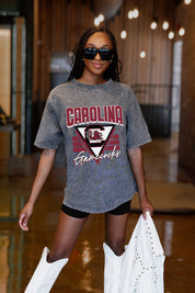 Grey South Carolina Gamecocks Oversized Crewneck Tee - Front Close-Up Graphic Detail On Model | Gameday Couture - SOHO