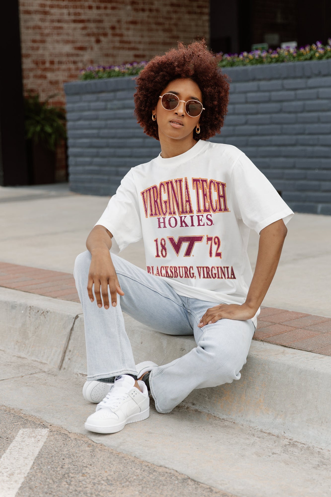 Ivory Virginia Tech Hokies Unity Oversized Crewneck Tee - Seated Campus Lifestyle Look with Light Wash Jeans | Gameday Couture - SOHO