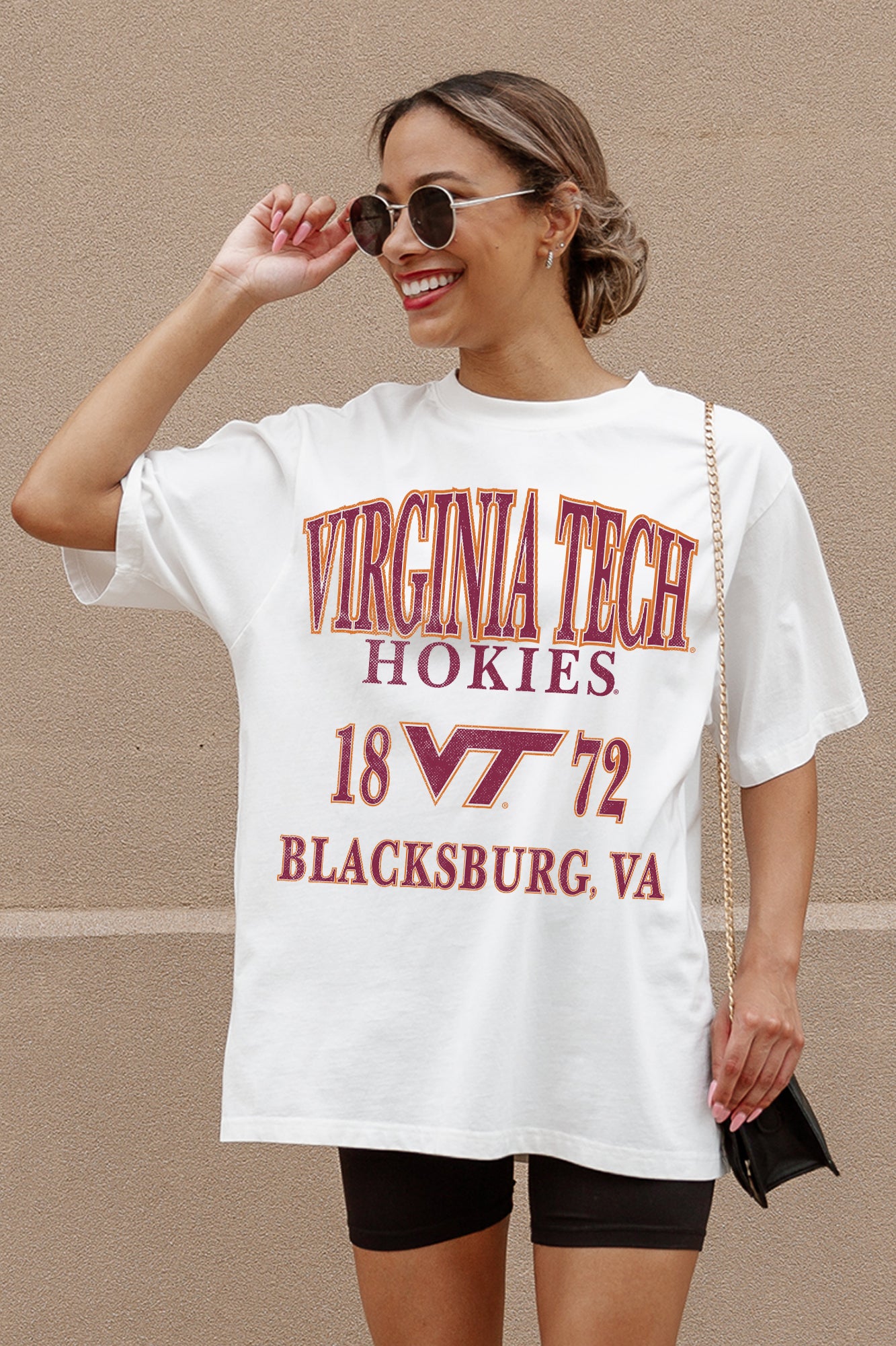 Ivory Virginia Tech Hokies Unity Oversized Tee - Graphic Detail Close-Up, On Model | Gameday Couture - SOHO