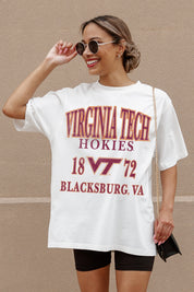 Ivory Virginia Tech Hokies Unity Oversized Tee - Graphic Detail Close-Up, On Model | Gameday Couture - SOHO