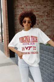 Ivory Virginia Tech Hokies Unity Oversized Crewneck Tee - Front Graphic Detail, Styled with Light Wash Jeans | Gameday Couture - SOHO