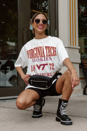 Ivory Virginia Tech Hokies Unity Oversized Tee - Crouching Pose, Gameday Street Style Look | Gameday Couture - SOHO
