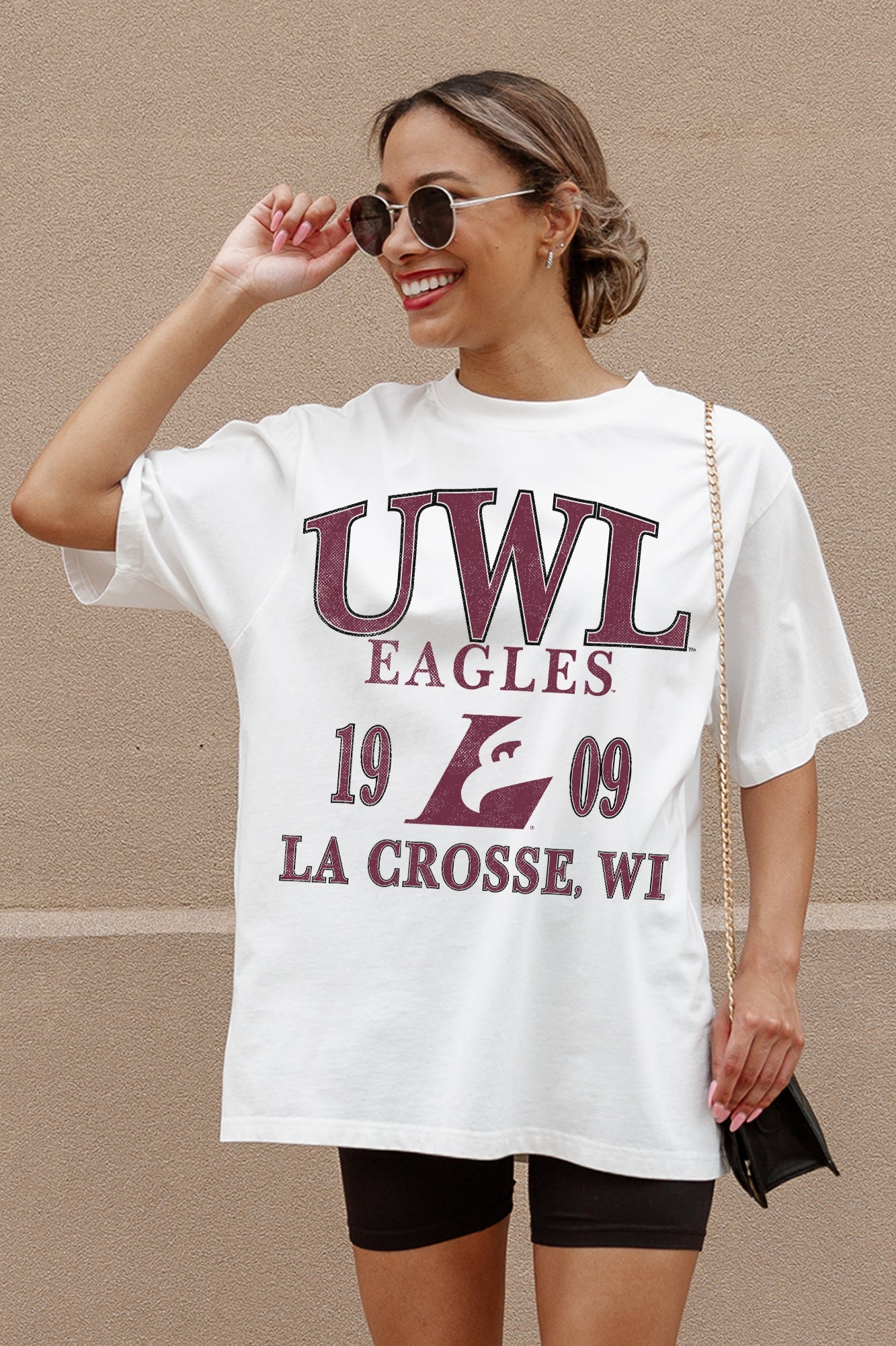 Ivory UW La Crosse Eagles Unity Oversized Tee - Front Graphic Close-Up On Model | Gameday Couture - SOHO