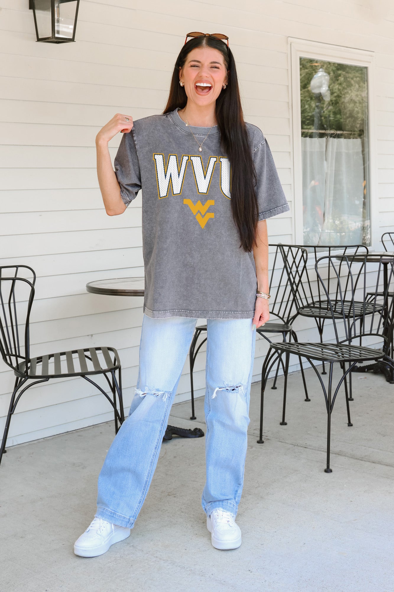 WEST VIRGINIA MOUNTAINEERS PLAYBOOK WIN OVERSIZED CREWNECK TEE