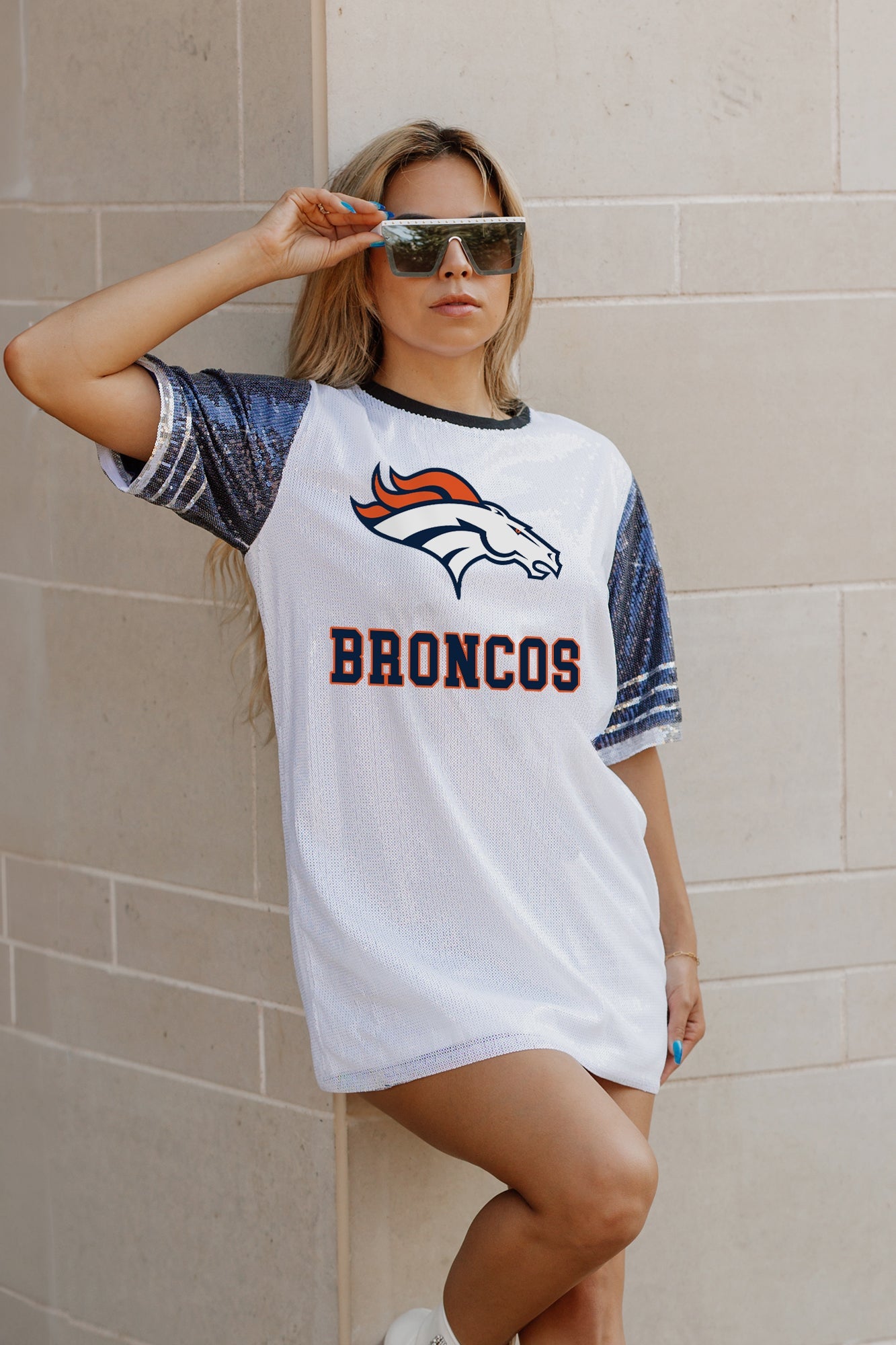 Women's Gameday Couture White/Navy Denver Broncos Bling It Full Sequin Jersey Dress Size: Medium Women's Gameday Couture White/Navy Denver Broncos Bling It Full Sequin Jersey Dress Size: Medium