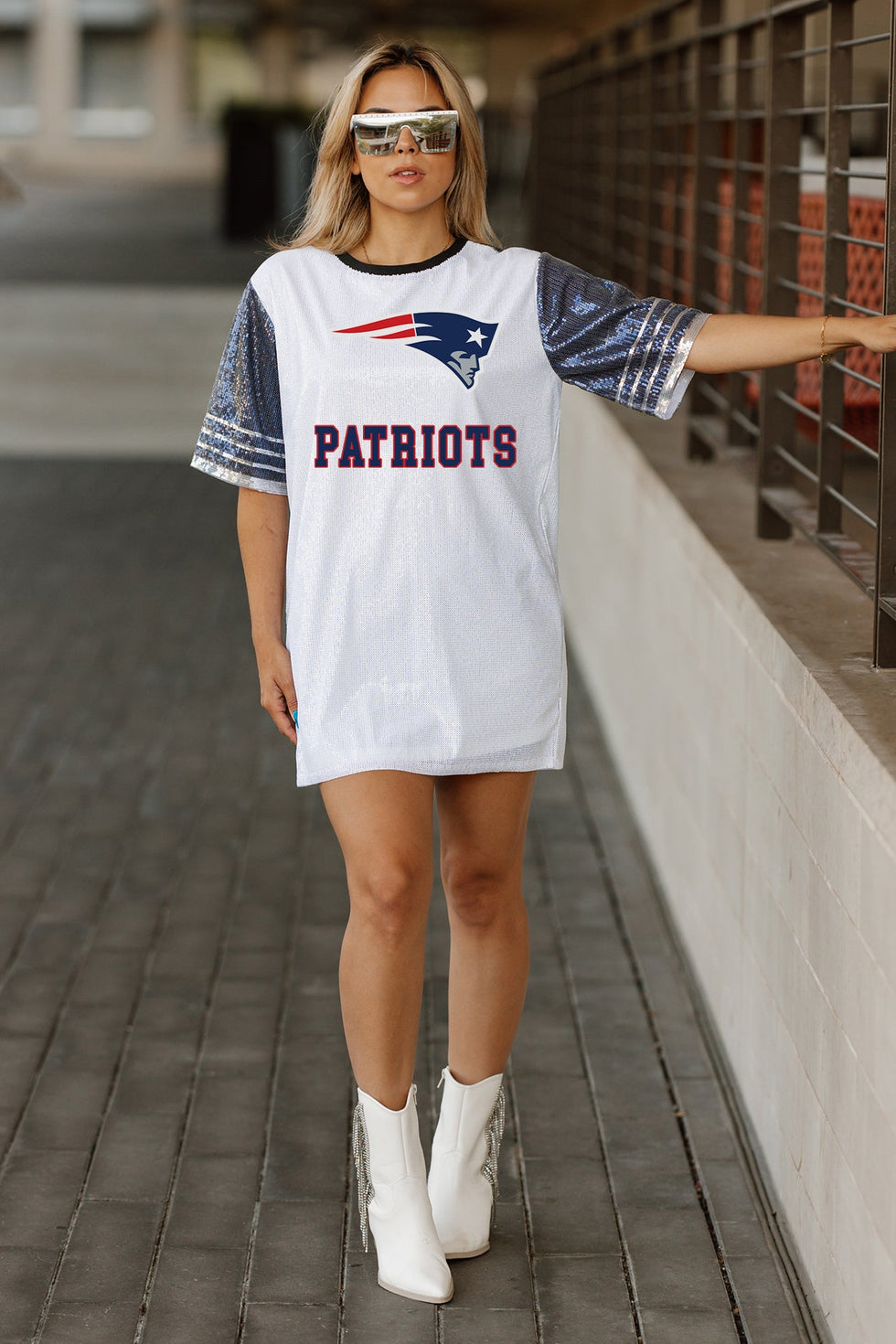 Women's Gameday Couture White/Navy New England Patriots Bling It Full Sequin Jersey Dress Size: Medium