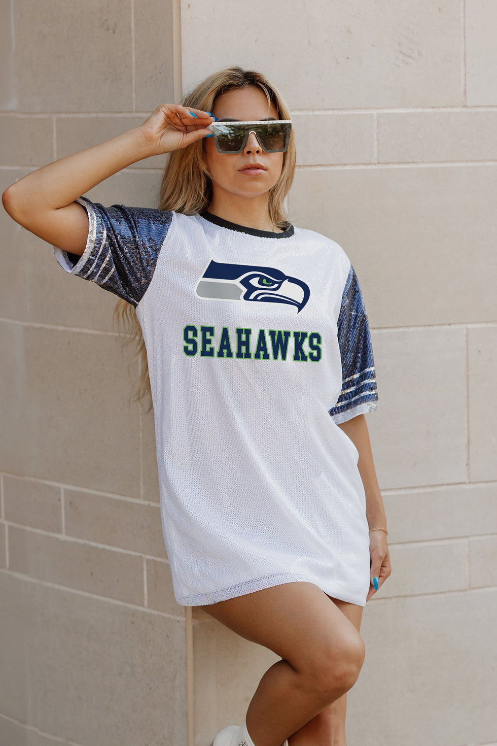 seattle seahawks jersey dress Women's Gameday Couture White/College Navy Seattle Seahawks Bling It Full Sequin Jersey Dress Size: Medium