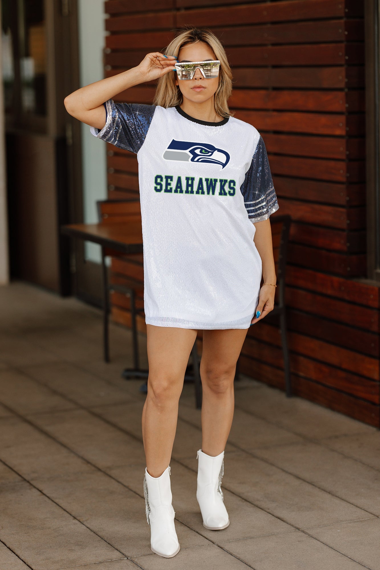 washington commanders jersey dress Women's Gameday Couture White/College Navy Seattle Seahawks Bling It Full Sequin Jersey Dress Size: Medium