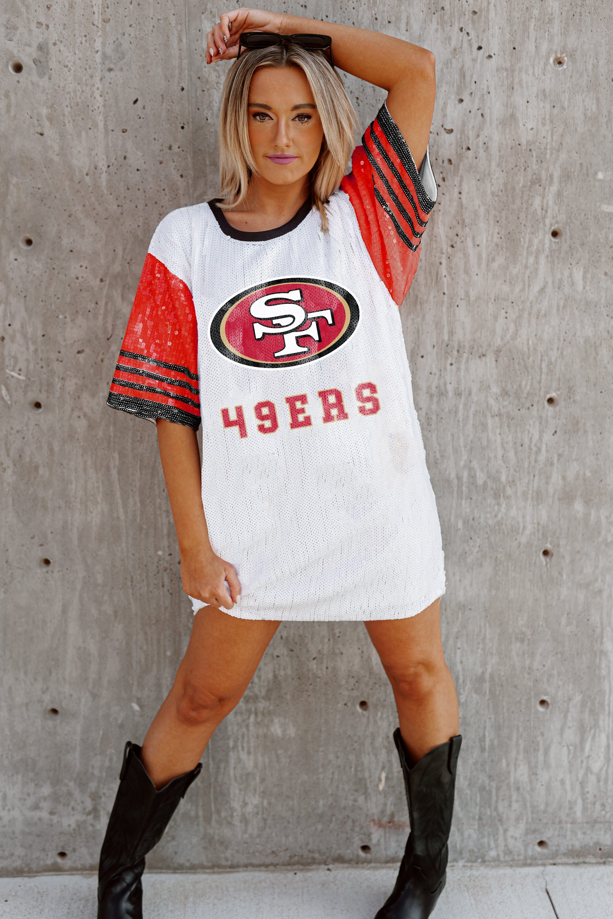 SAN FRANCISCO 49ERS CHIC CHAMPS FULL SEQUIN JERSEY DRESS