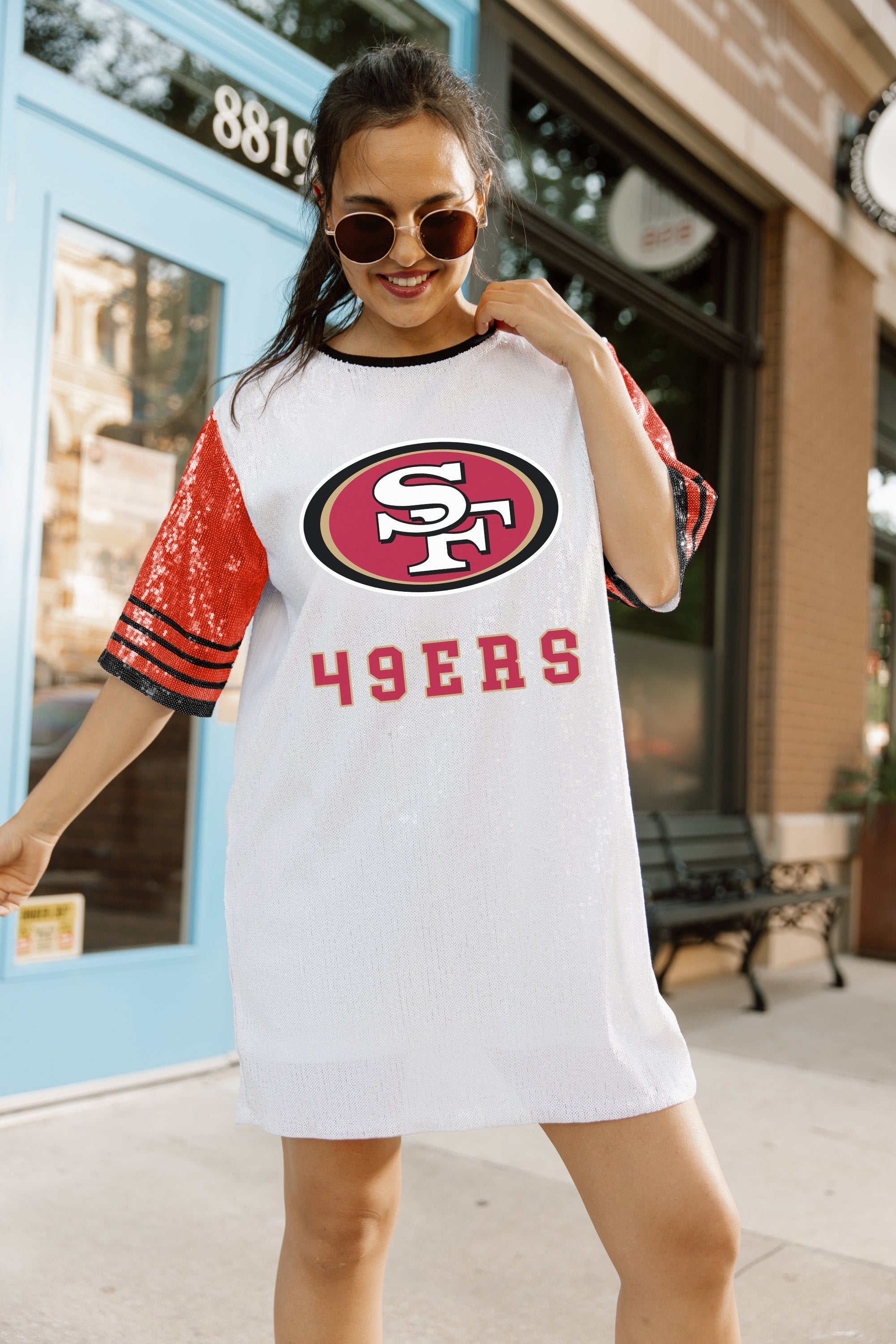 SAN FRANCISCO 49ERS CHIC CHAMPS FULL SEQUIN JERSEY DRESS