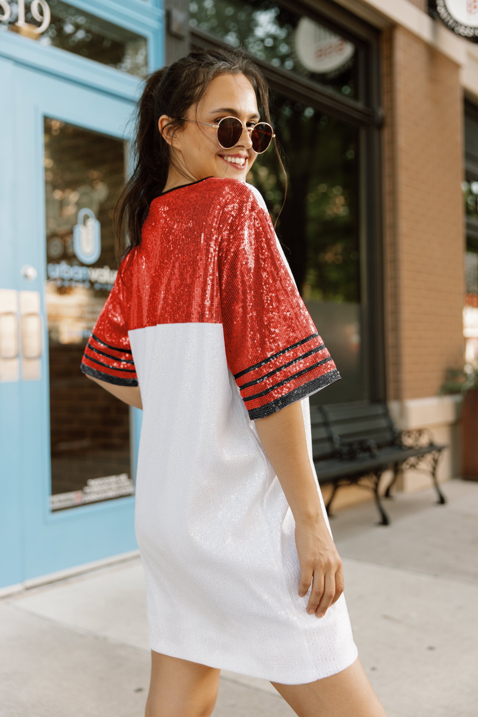 SAN FRANCISCO 49ERS CHIC CHAMPS FULL SEQUIN JERSEY DRESS