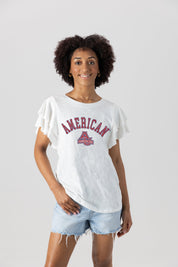AMERICAN UNIVERSITY EAGLES ALL IN TO WIN FLUTTER SLEEVE CREWNECK TOP