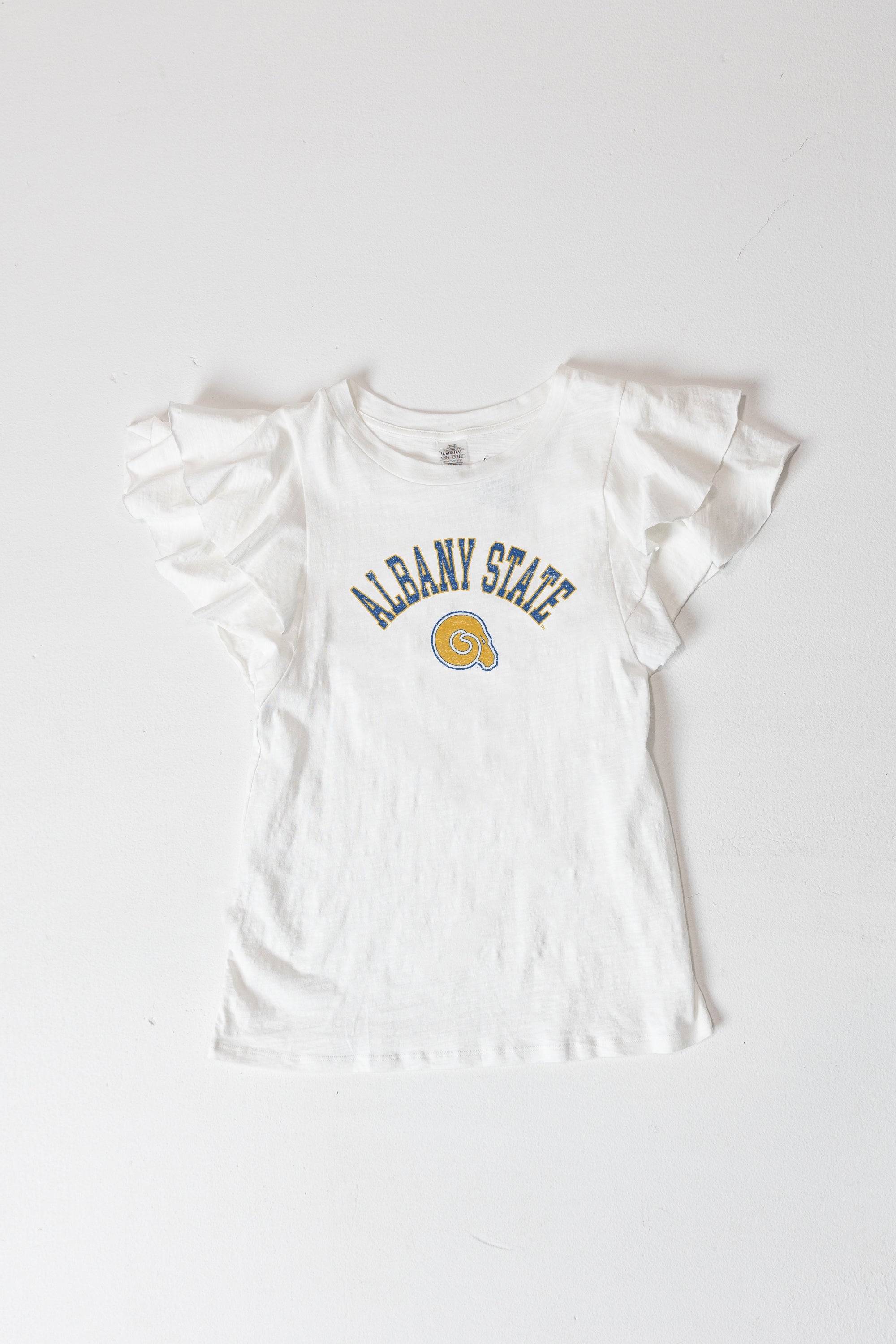 ALBANY STATE GOLDEN RAMS ALL IN TO WIN FLUTTER SLEEVE CREWNECK TOP