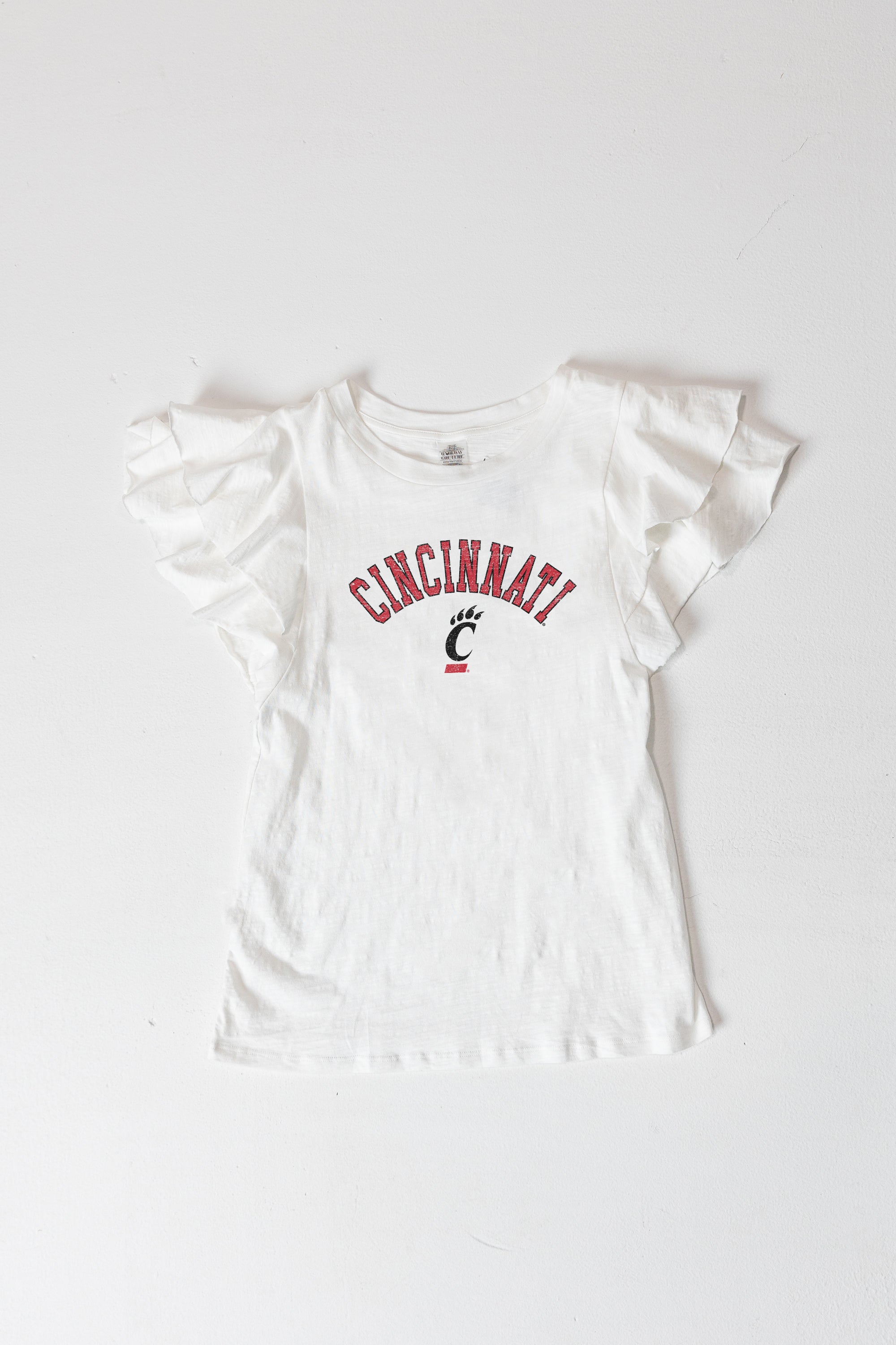 CINCINNATI BEARCATS ALL IN TO WIN FLUTTER SLEEVE CREWNECK TOP