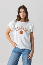 CLAFLIN PANTHERS ALL IN TO WIN FLUTTER SLEEVE CREWNECK TOP