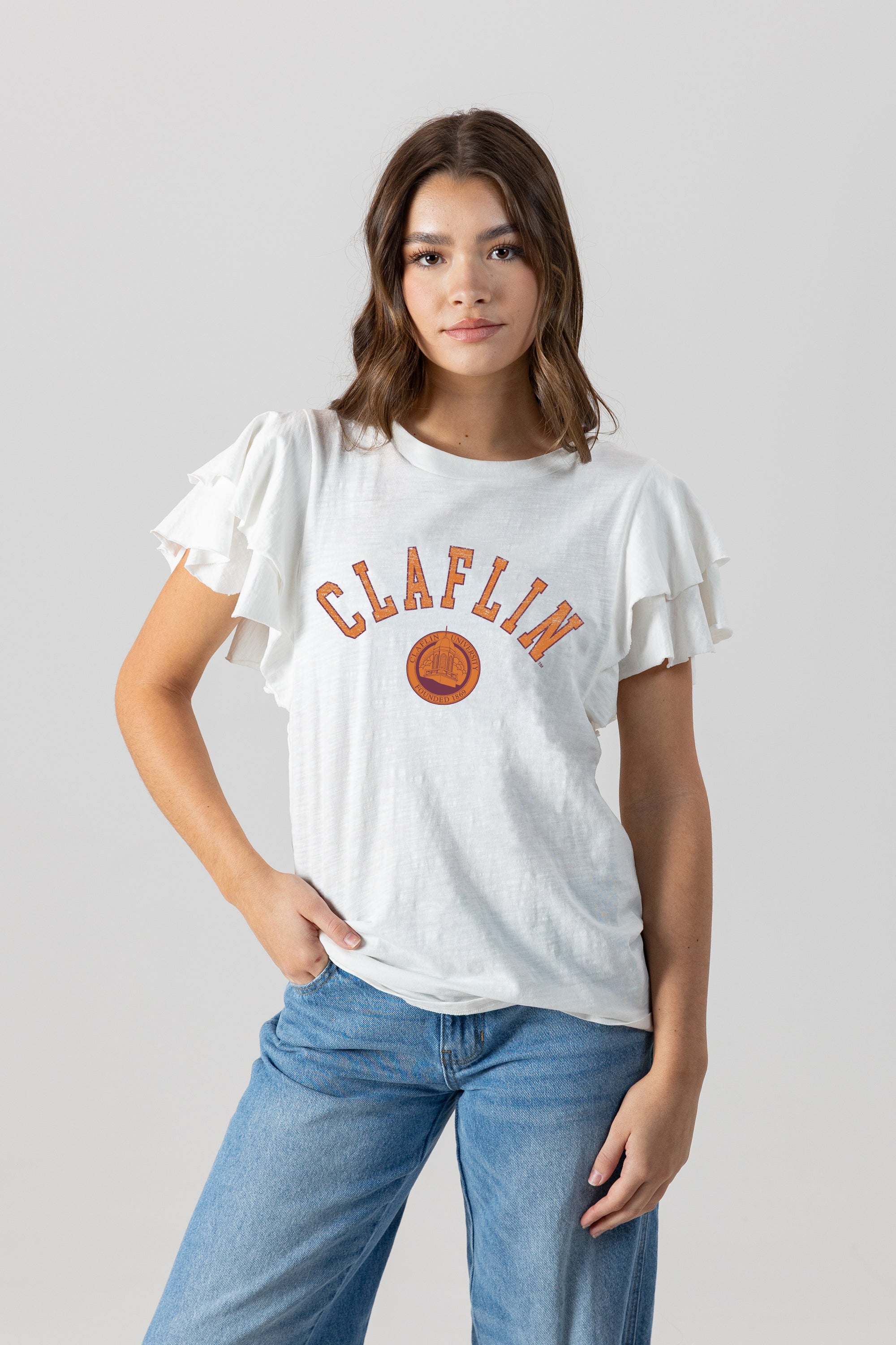 CLAFLIN PANTHERS ALL IN TO WIN FLUTTER SLEEVE CREWNECK TOP