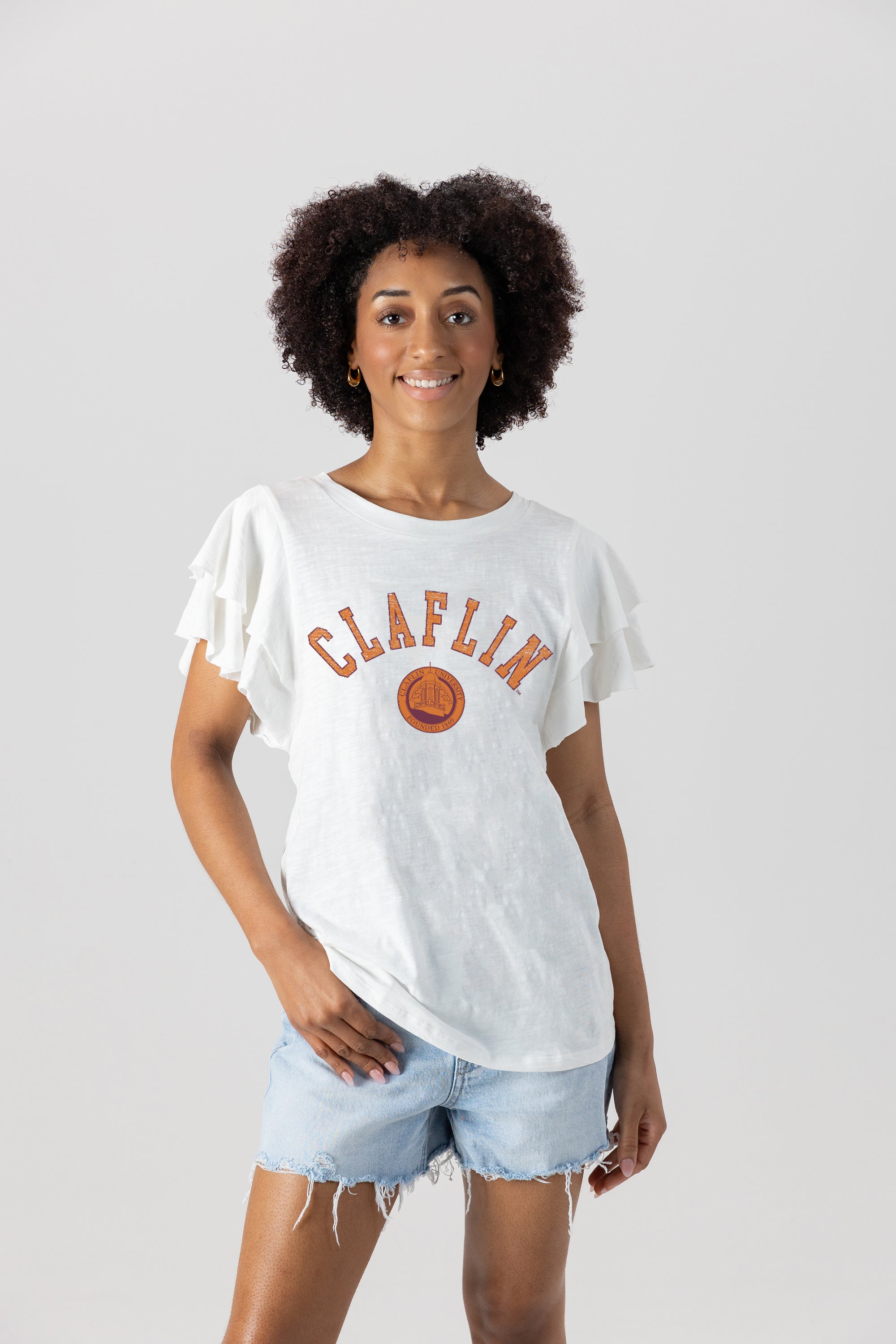 CLAFLIN PANTHERS ALL IN TO WIN FLUTTER SLEEVE CREWNECK TOP