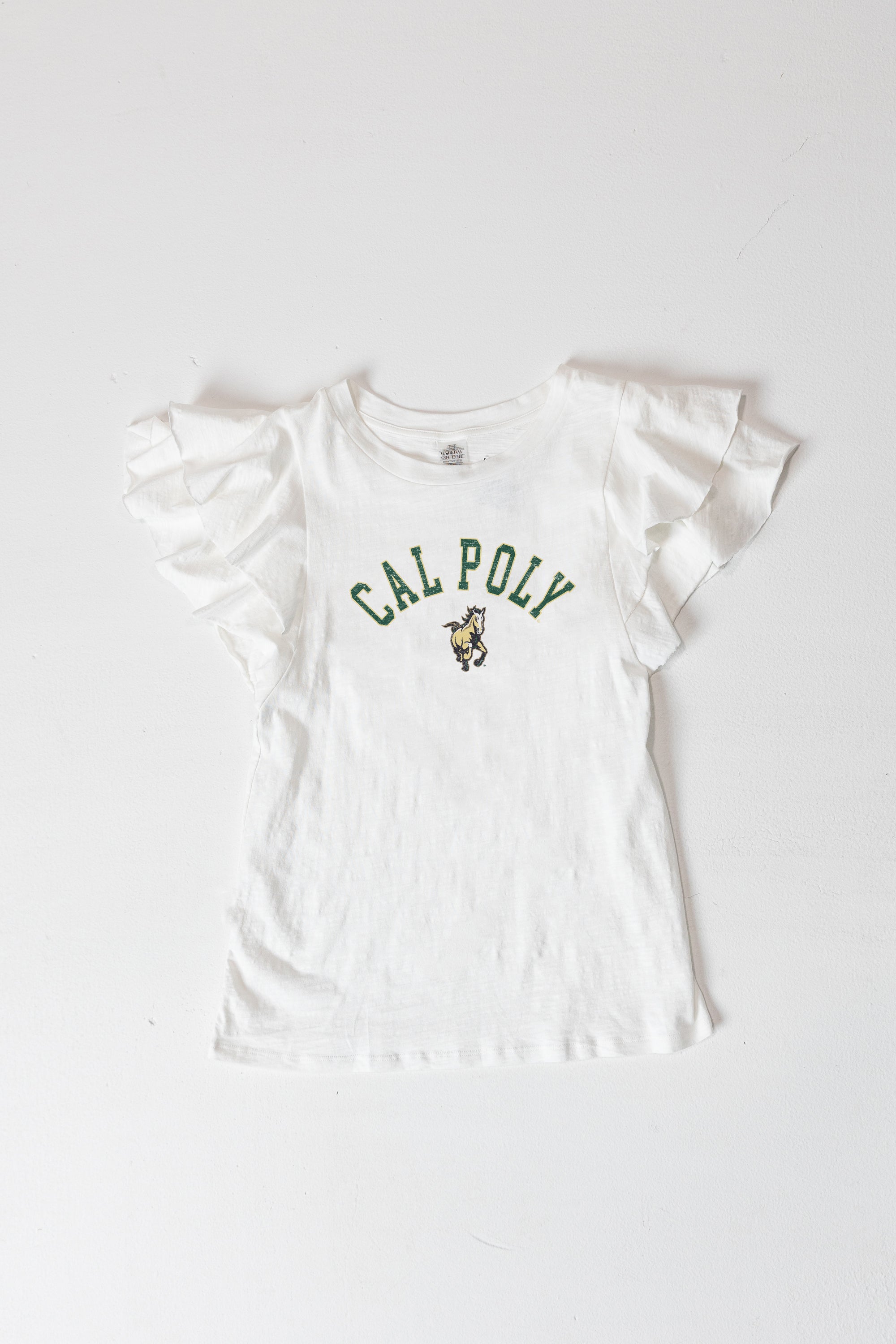 CAL POLY MUSTANGS ALL IN TO WIN FLUTTER SLEEVE CREWNECK TOP