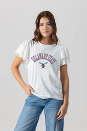 DELAWARE STATE HORNETS ALL IN TO WIN FLUTTER SLEEVE CREWNECK TOP