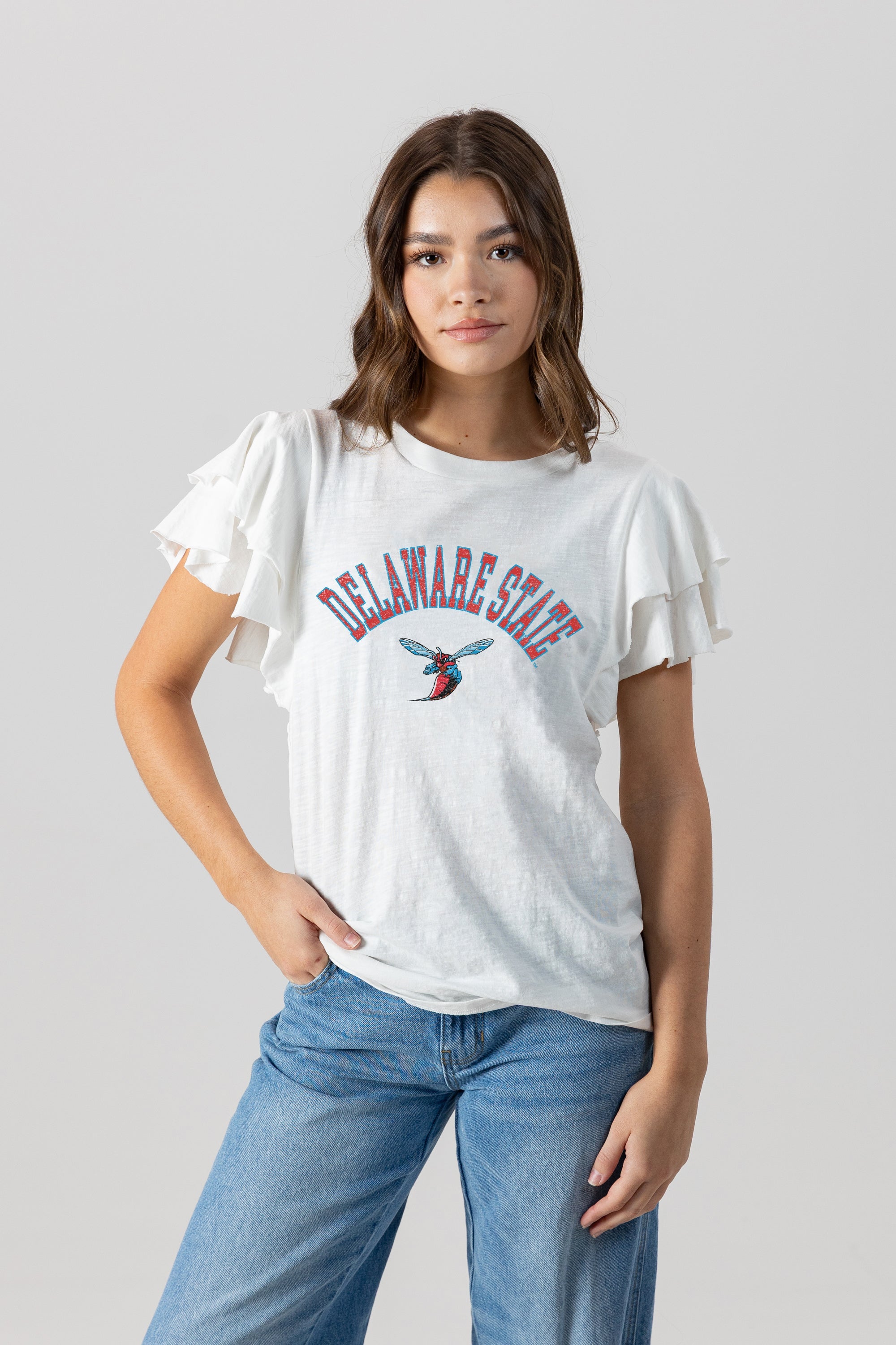 DELAWARE STATE HORNETS ALL IN TO WIN FLUTTER SLEEVE CREWNECK TOP