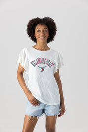 DELAWARE STATE HORNETS ALL IN TO WIN FLUTTER SLEEVE CREWNECK TOP