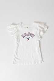 DELAWARE STATE HORNETS ALL IN TO WIN FLUTTER SLEEVE CREWNECK TOP