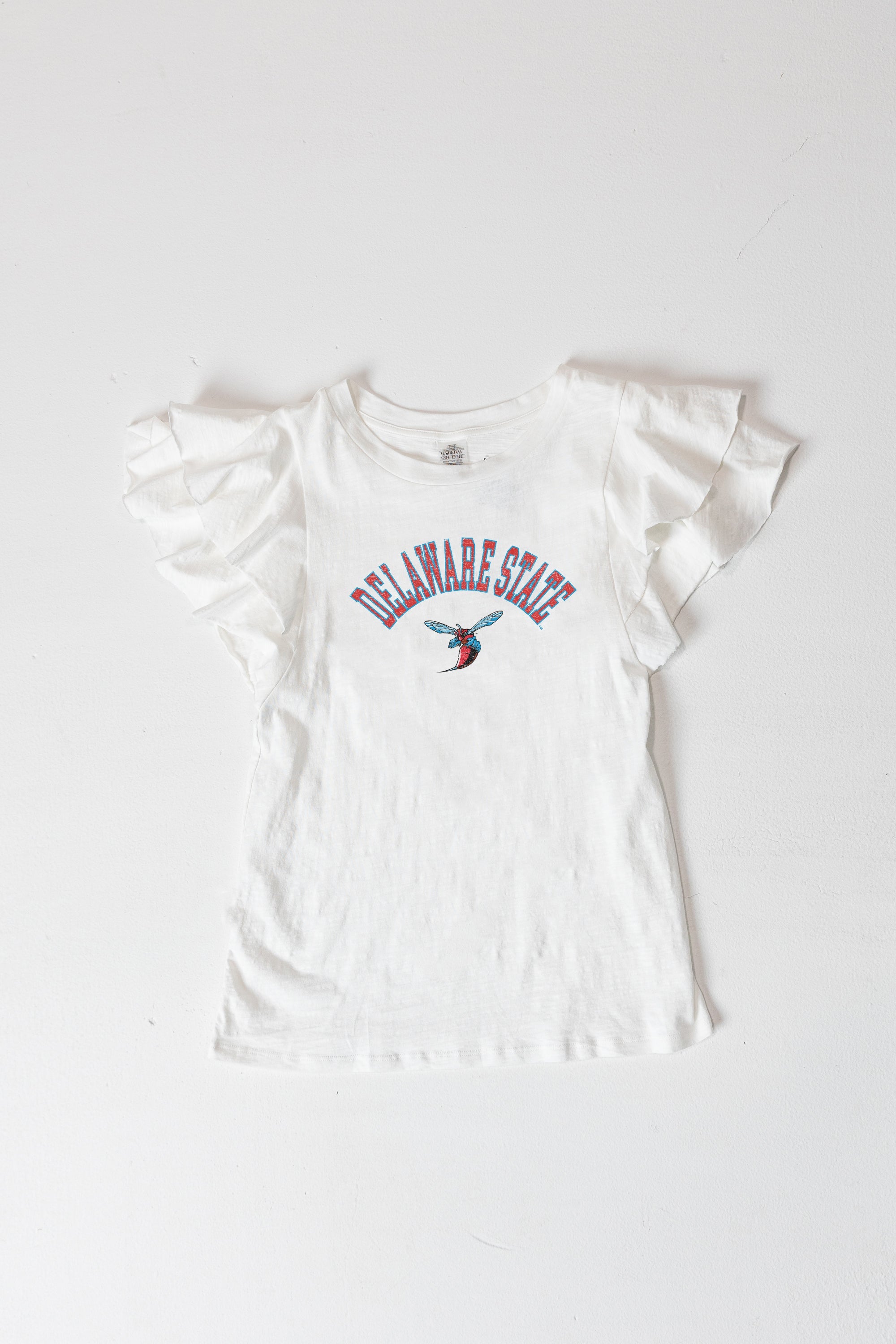 DELAWARE STATE HORNETS ALL IN TO WIN FLUTTER SLEEVE CREWNECK TOP