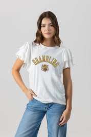 GRAMBLING STATE TIGERS ALL IN TO WIN FLUTTER SLEEVE CREWNECK TOP