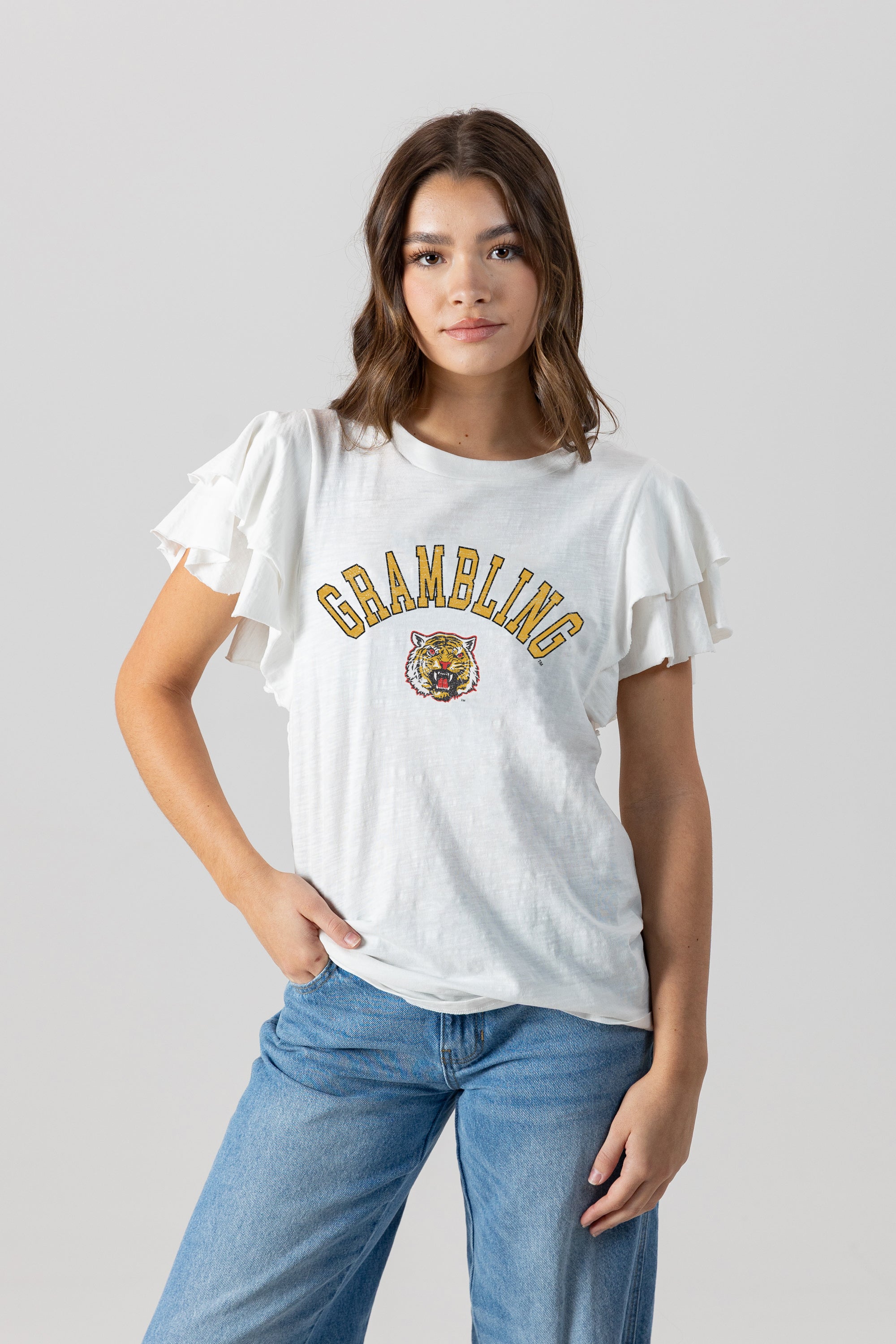 GRAMBLING STATE TIGERS ALL IN TO WIN FLUTTER SLEEVE CREWNECK TOP