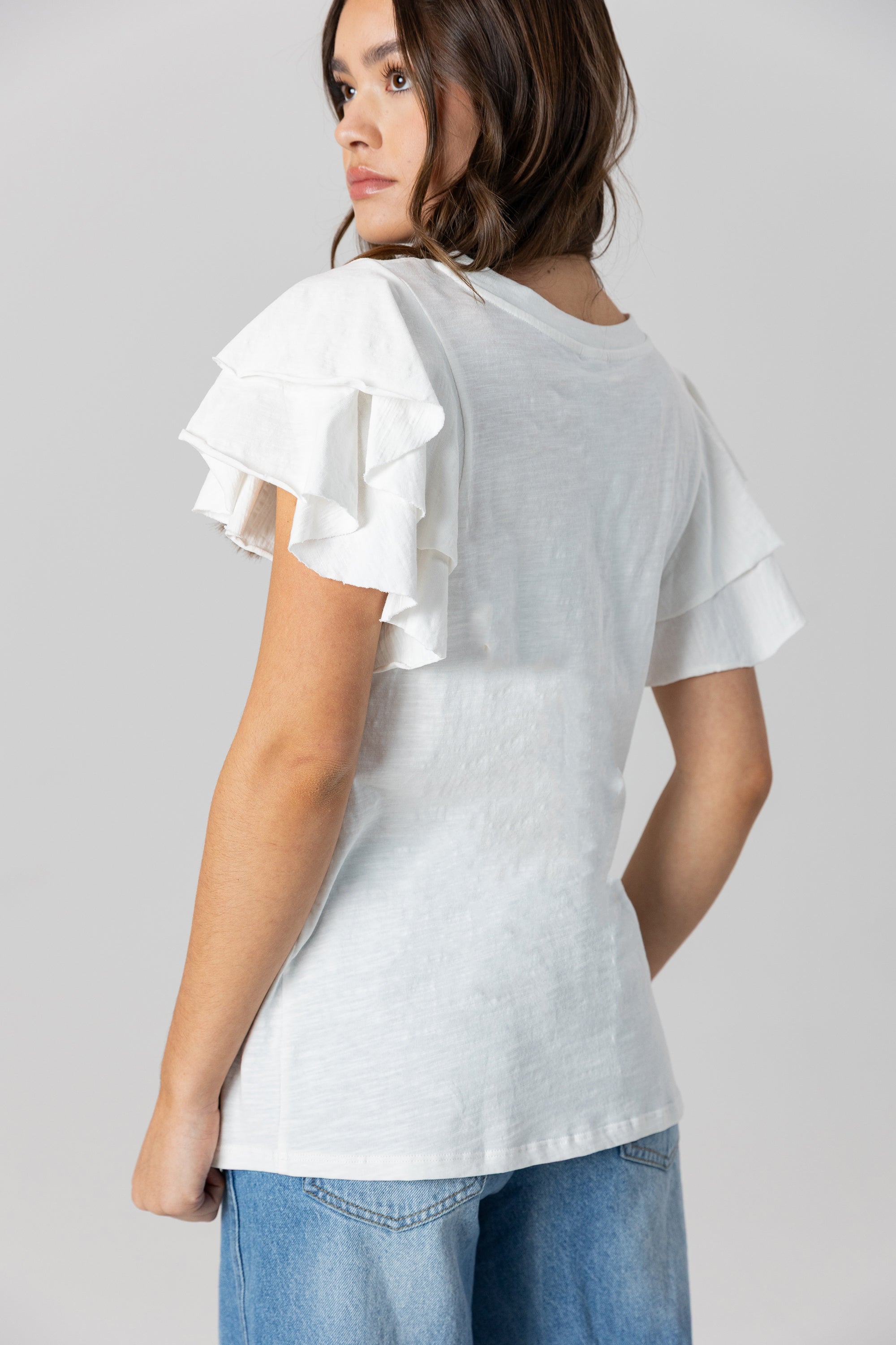 HOWARD BISON ALL IN TO WIN FLUTTER SLEEVE CREWNECK TOP