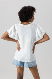 HOWARD BISON ALL IN TO WIN FLUTTER SLEEVE CREWNECK TOP