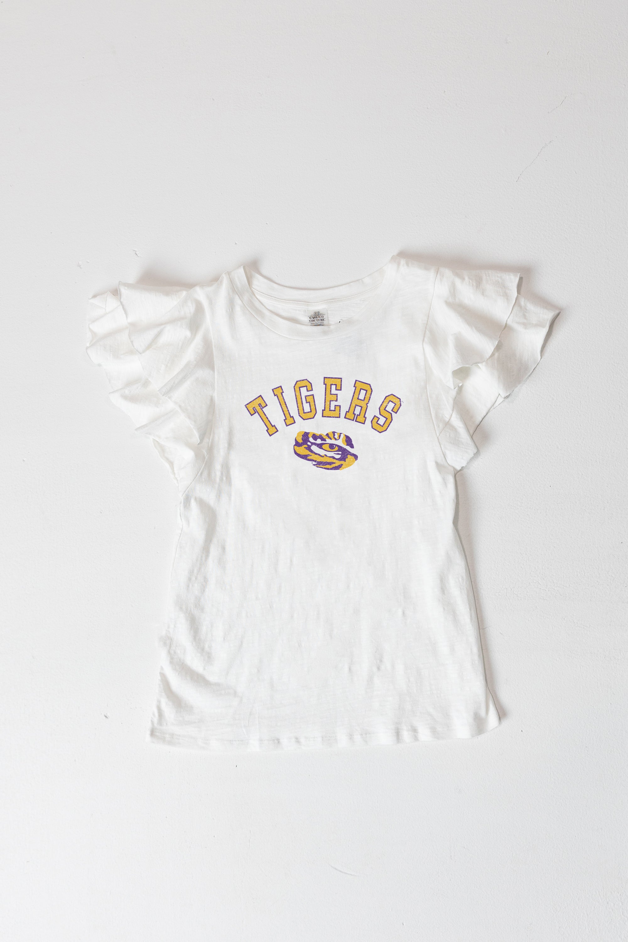 LSU TIGERS ALL IN TO WIN FLUTTER SLEEVE CREWNECK TOP