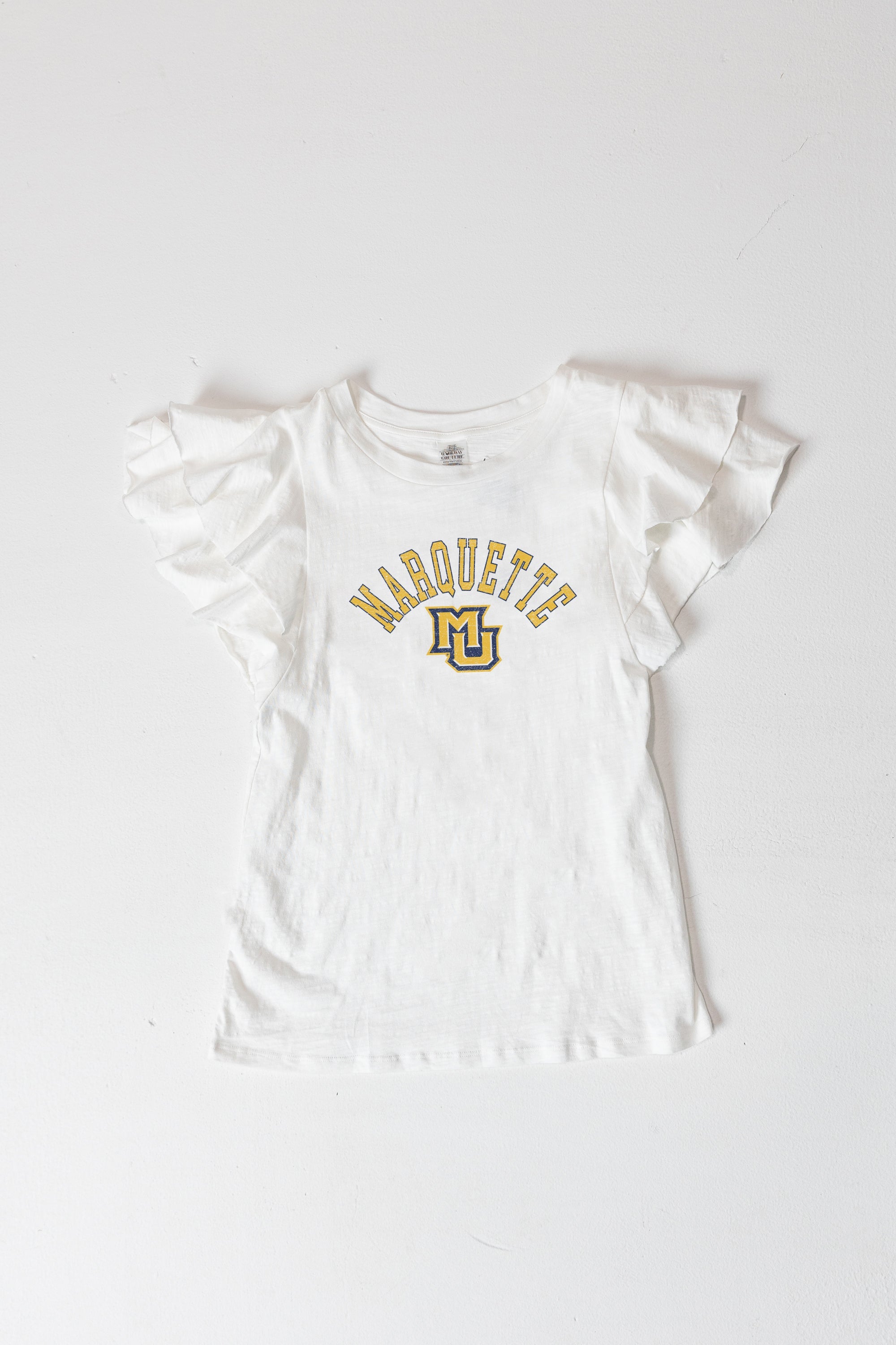 MARQUETTE GOLDEN EAGLES ALL IN TO WIN FLUTTER SLEEVE CREWNECK TOP
