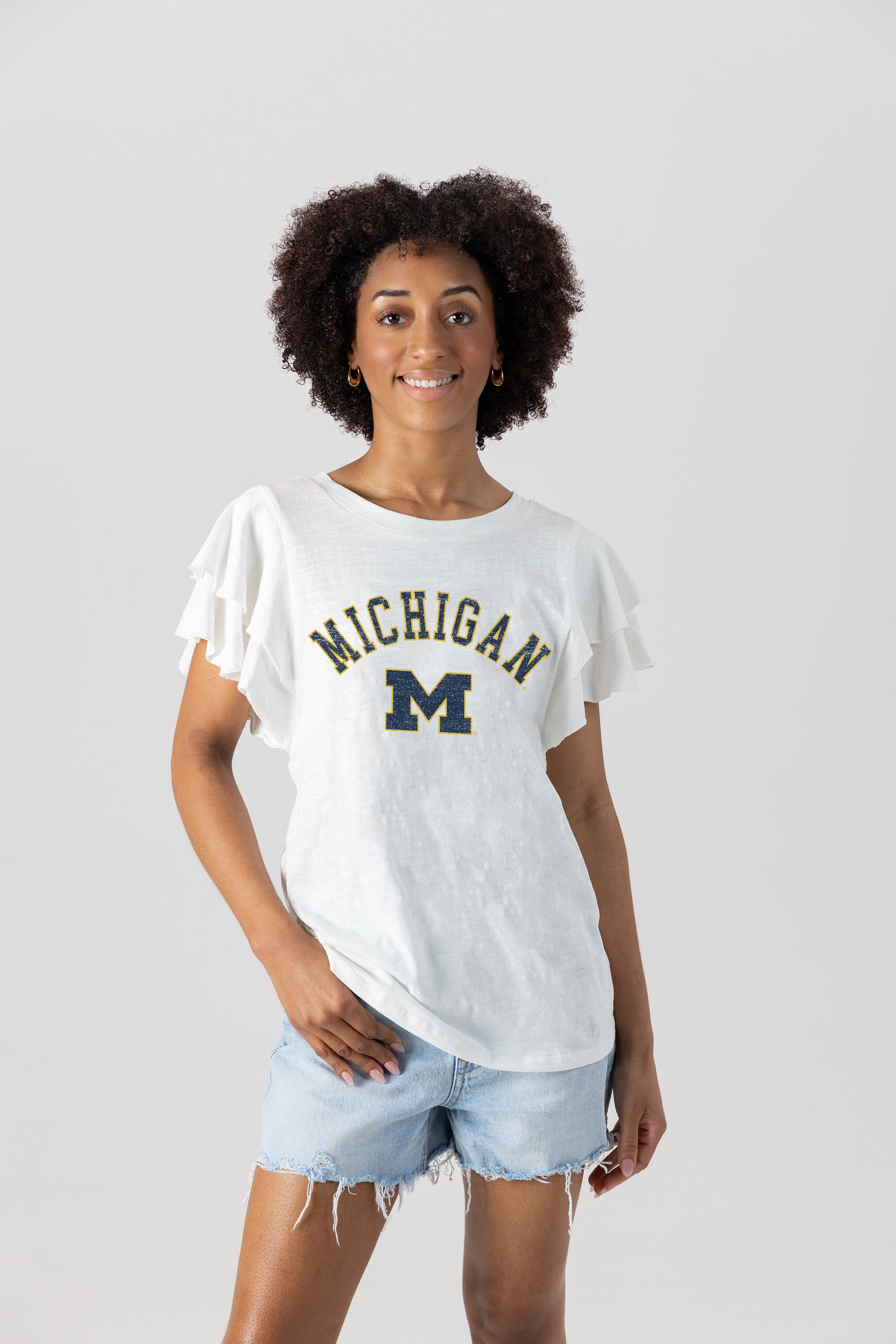 MICHIGAN WOLVERINES ALL IN TO WIN FLUTTER SLEEVE CREWNECK TOP
