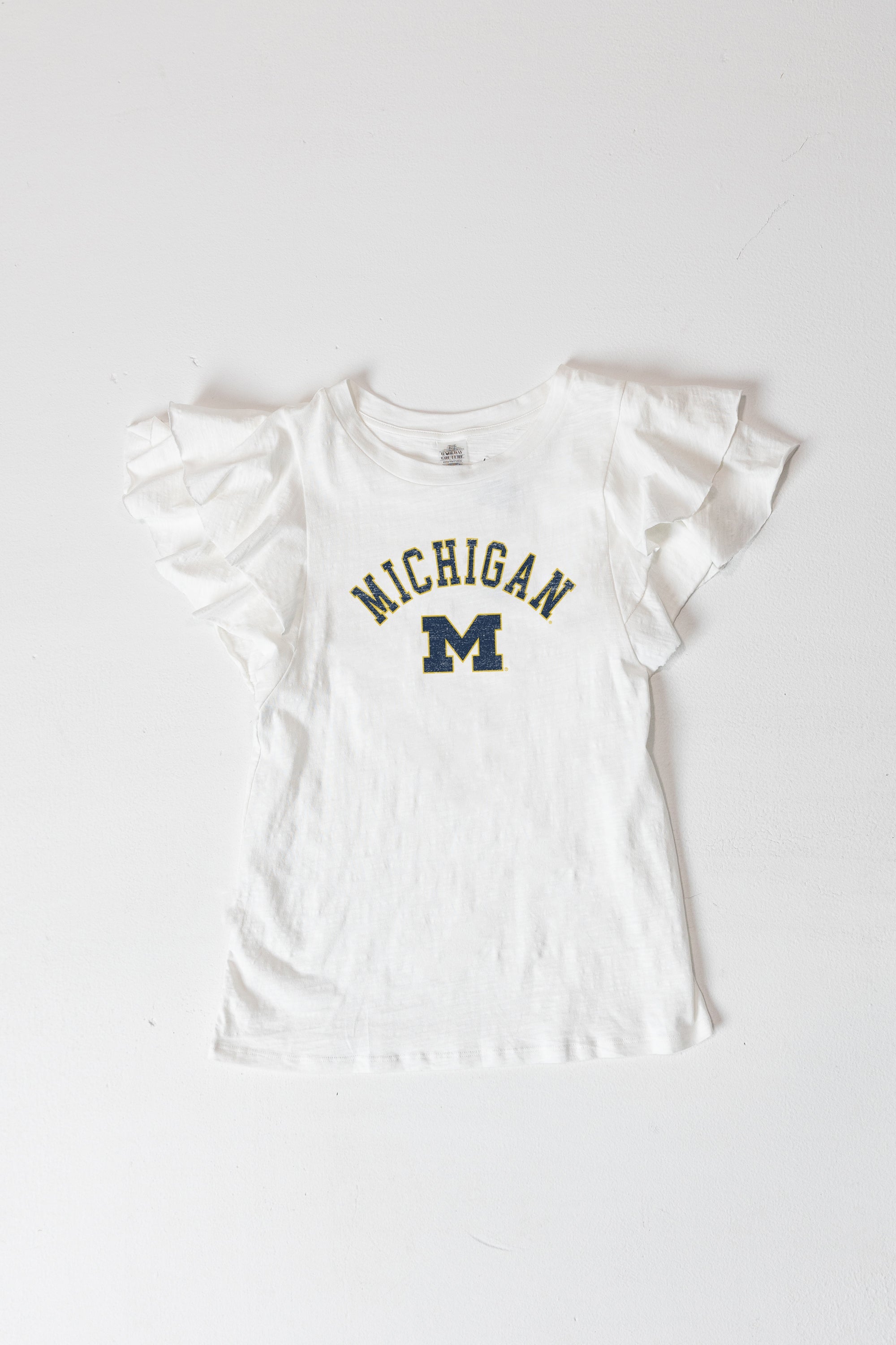 MICHIGAN WOLVERINES ALL IN TO WIN FLUTTER SLEEVE CREWNECK TOP