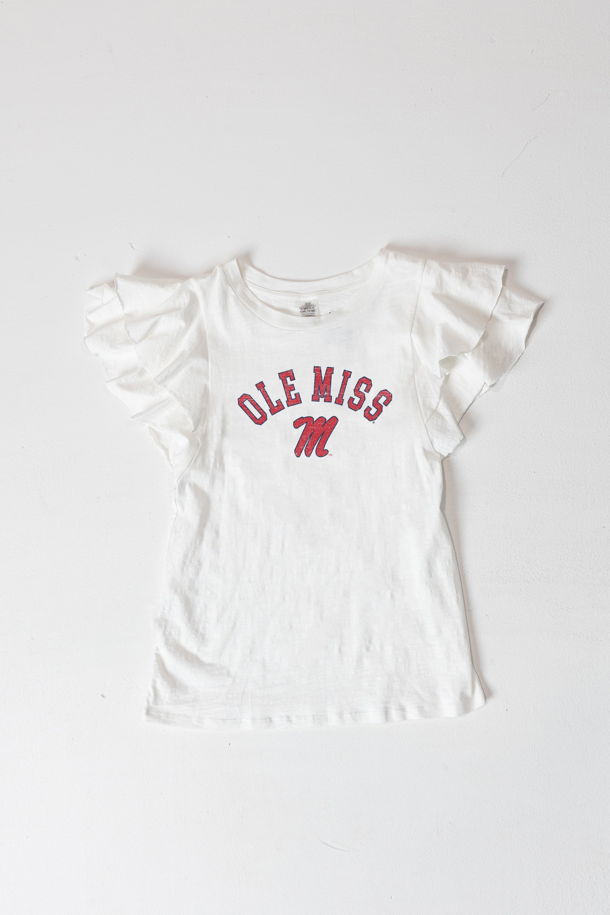 OLE MISS REBELS ALL IN TO WIN FLUTTER SLEEVE CREWNECK TOP