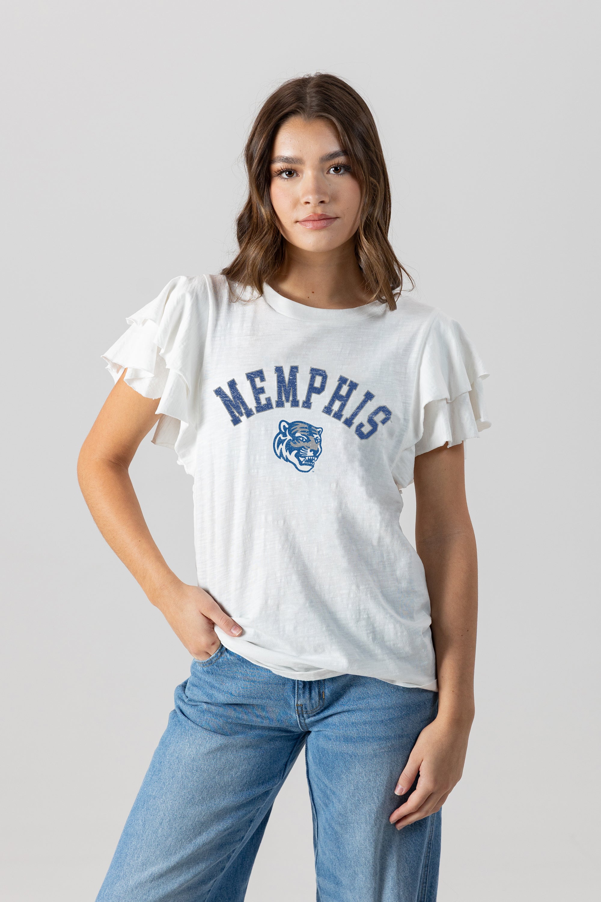 MEMPHIS TIGERS ALL IN TO WIN FLUTTER SLEEVE CREWNECK TOP