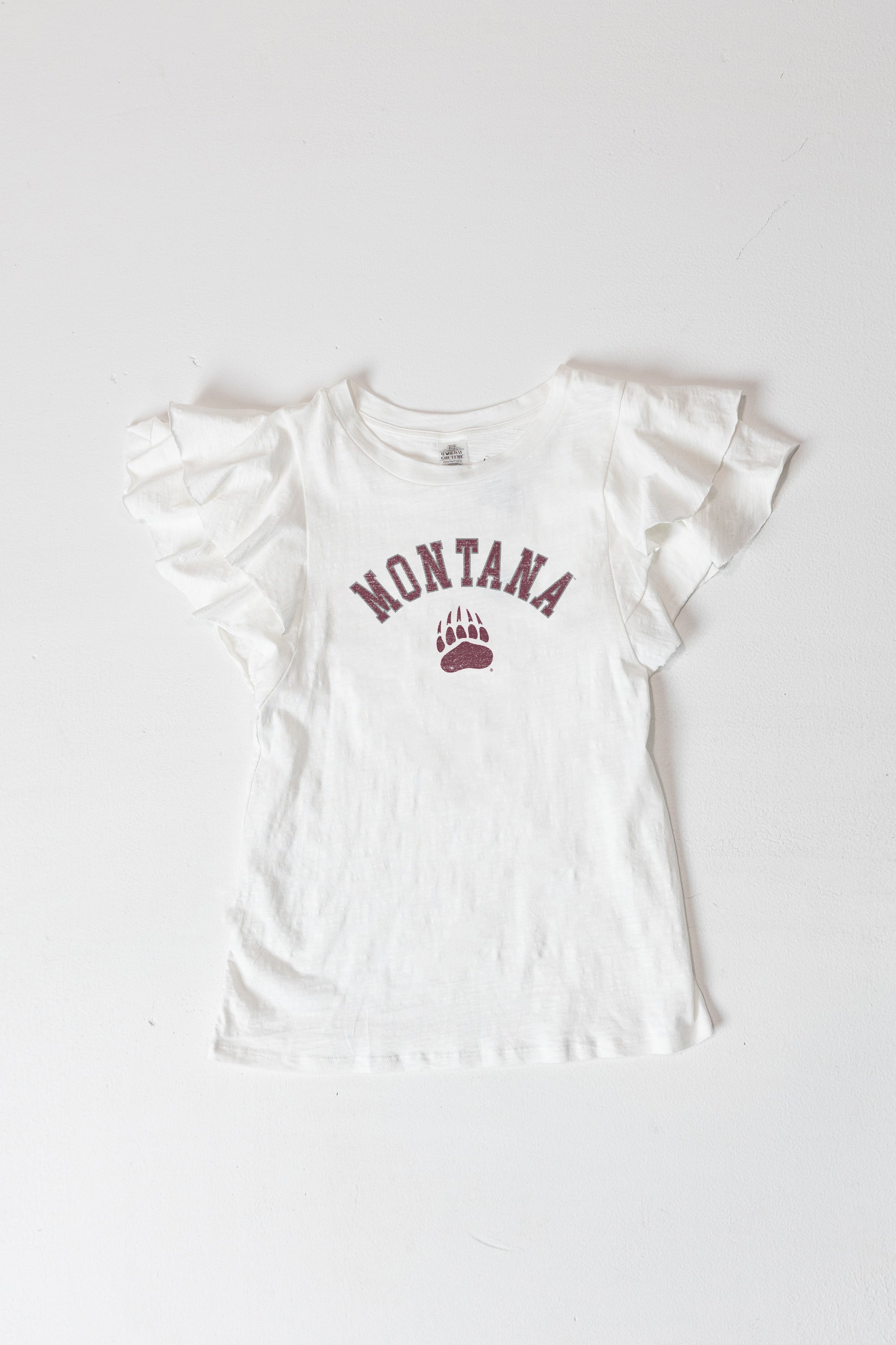 MONTANA GRIZZLIES ALL IN TO WIN FLUTTER SLEEVE CREWNECK TOP