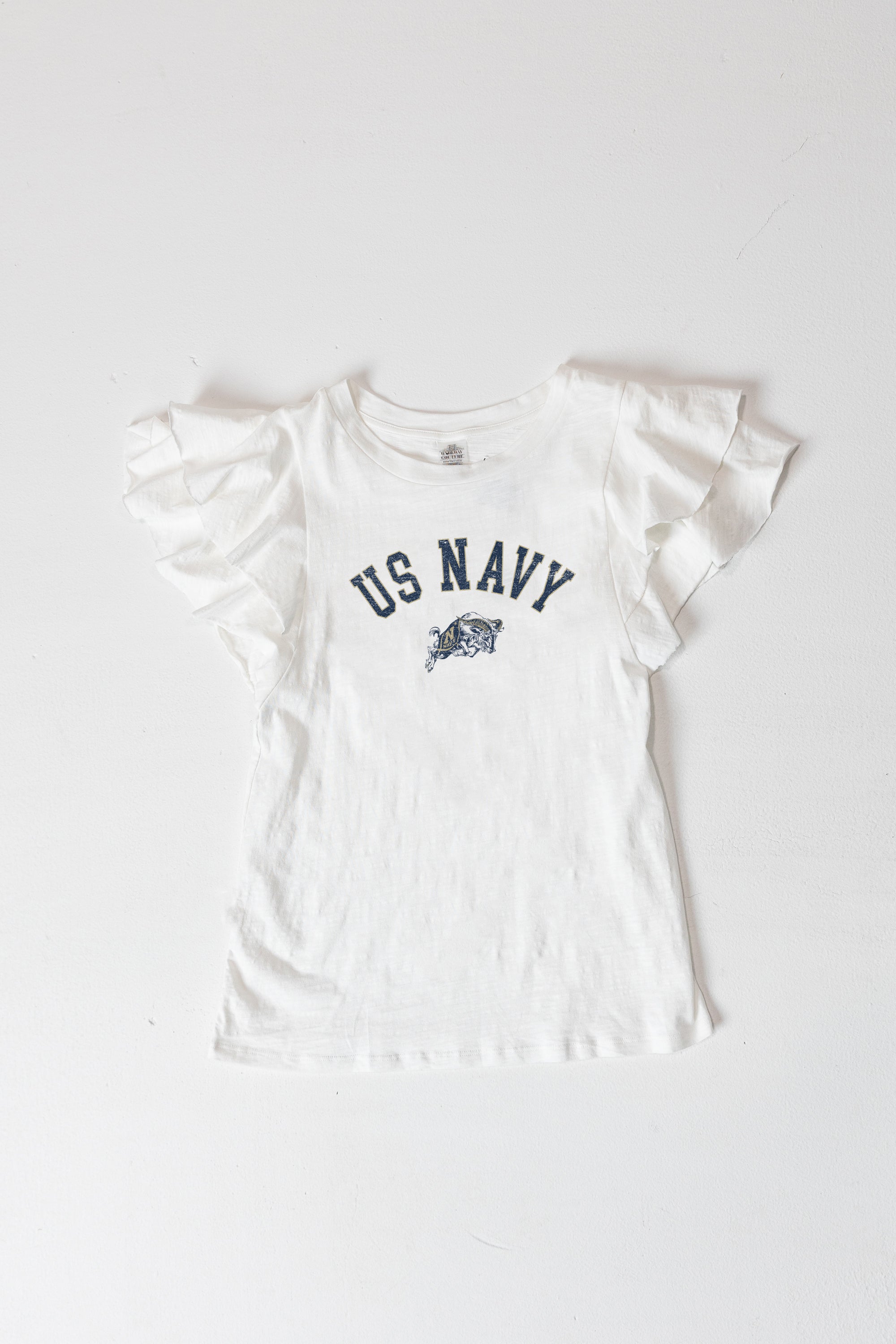 US NAVY MIDSHIPMEN ALL IN TO WIN FLUTTER SLEEVE CREWNECK TOP