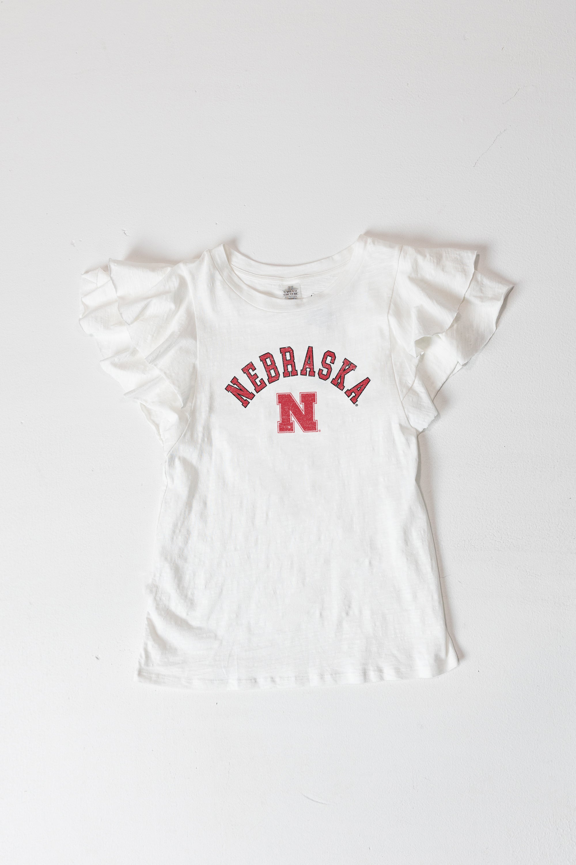 NEBRASKA CORNHUSKERS ALL IN TO WIN FLUTTER SLEEVE CREWNECK TOP