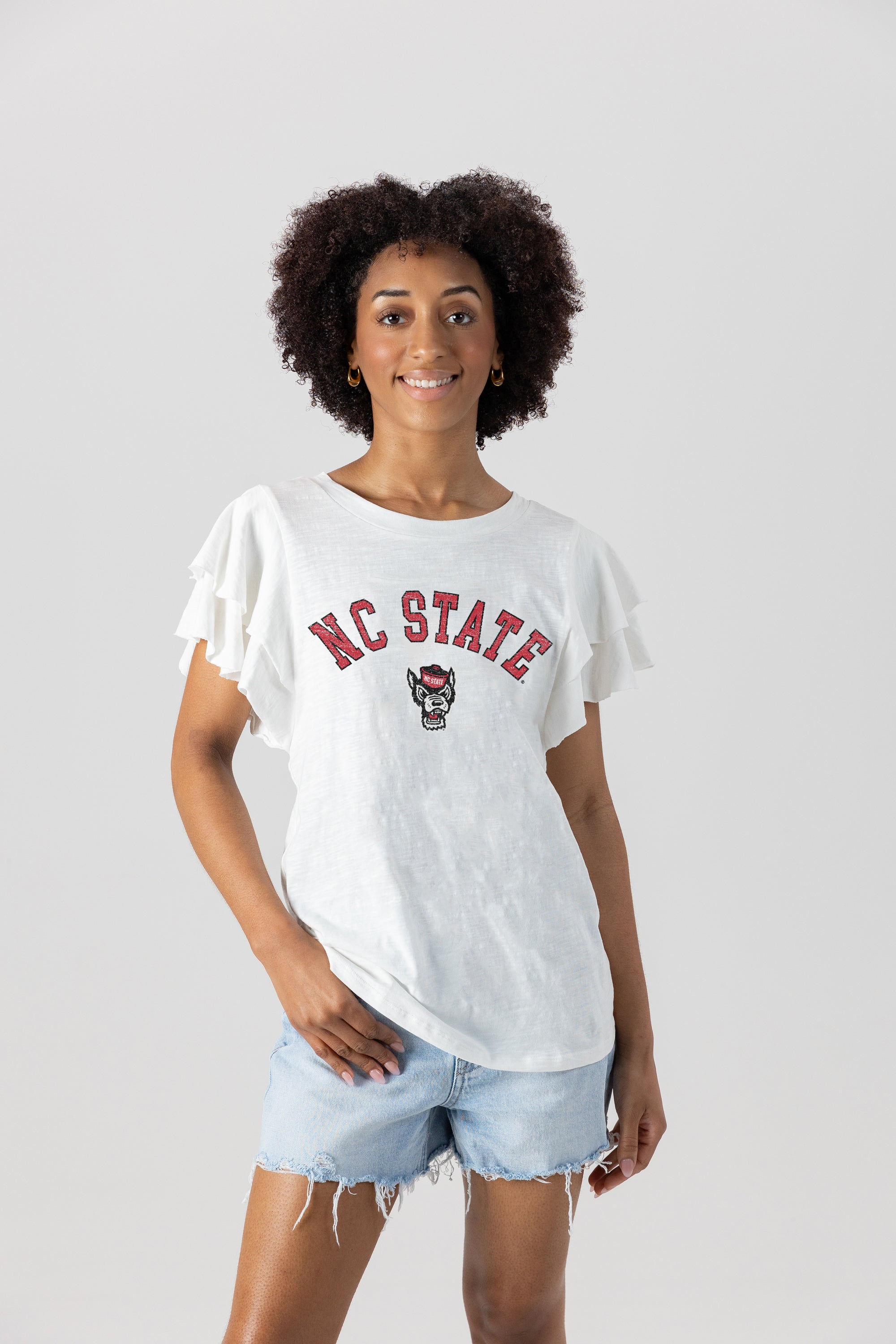 NORTH CAROLINA STATE WOLFPACK ALL IN TO WIN FLUTTER SLEEVE CREWNECK TOP