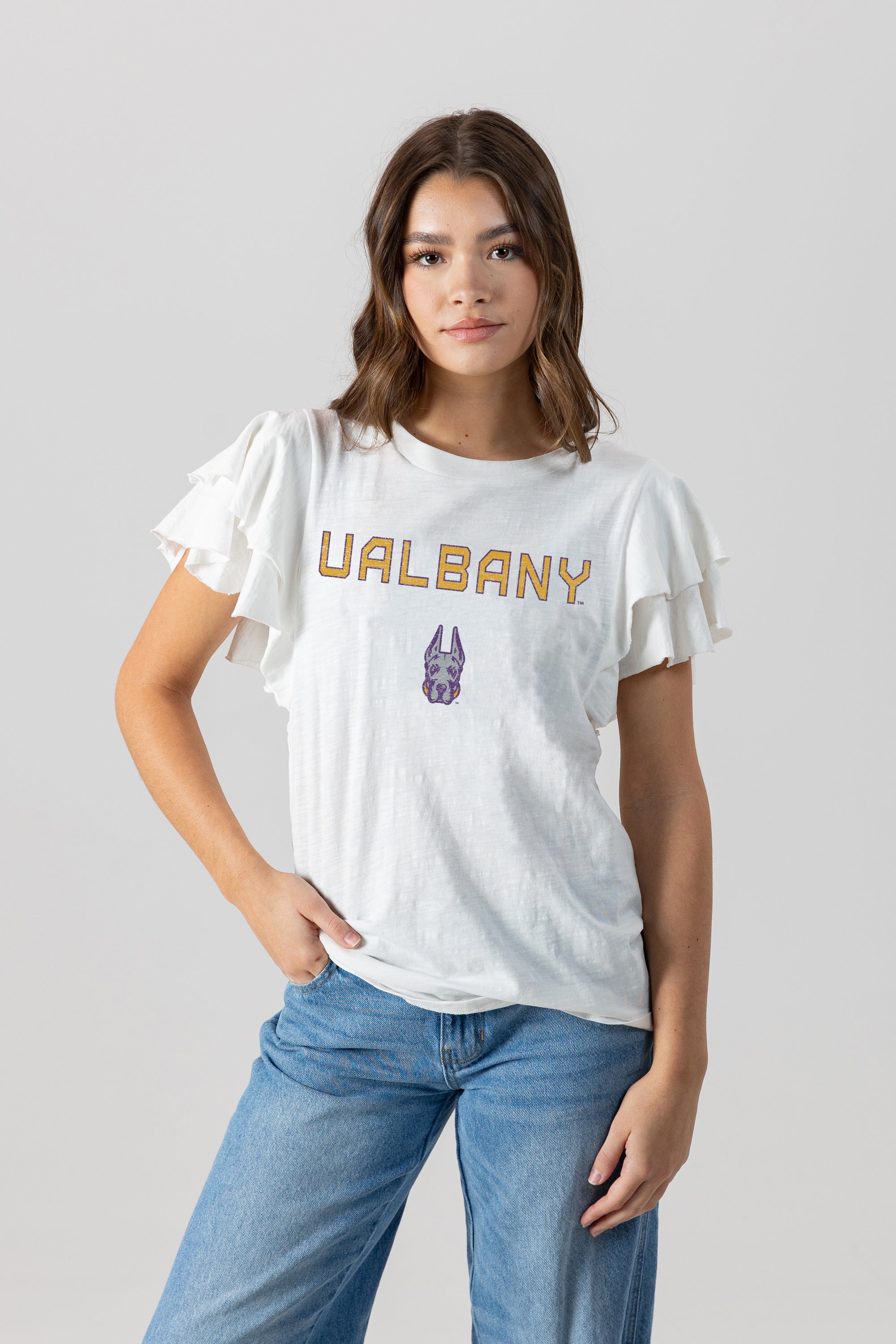 ALBANY GREAT DANES ALL IN TO WIN FLUTTER SLEEVE CREWNECK TOP